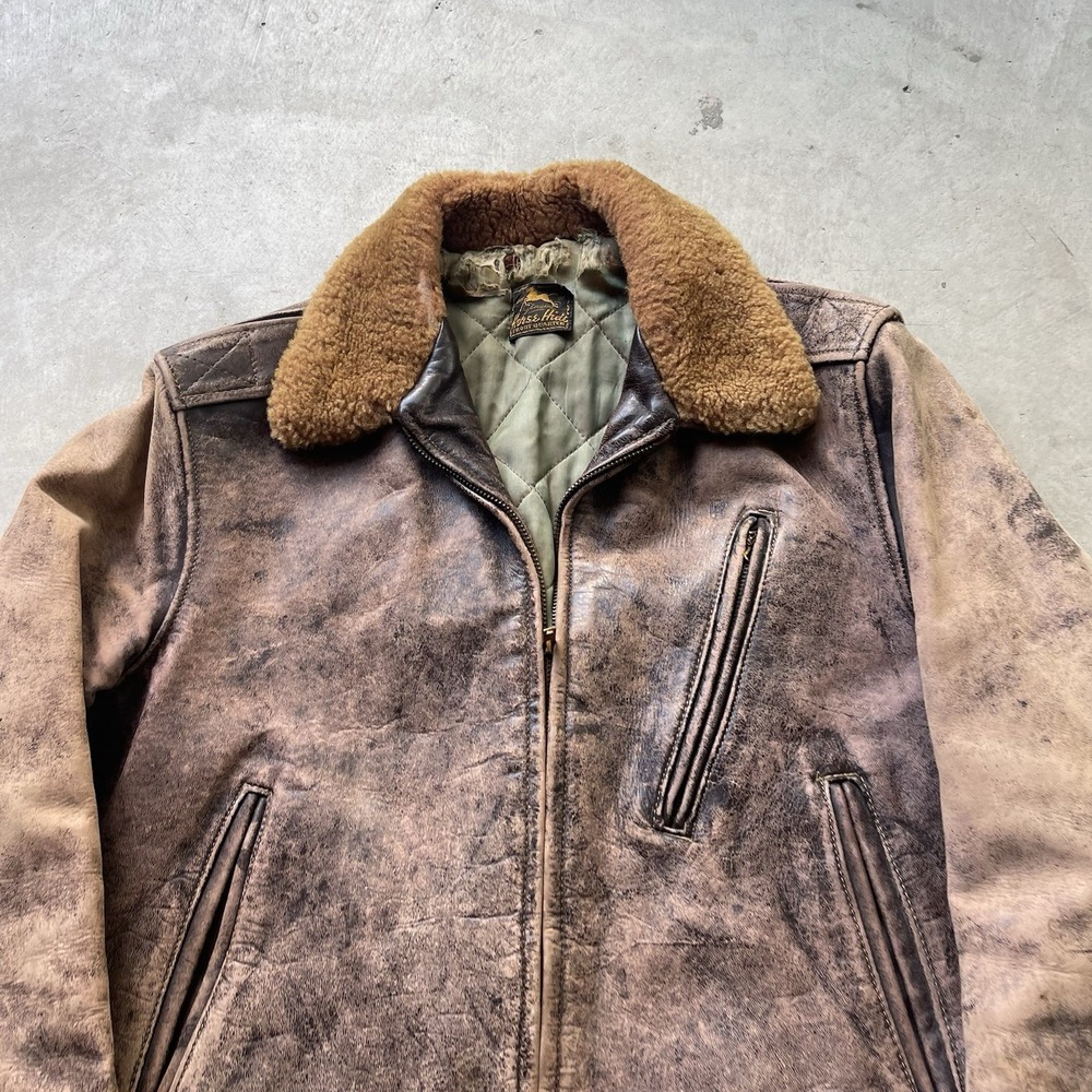 Vintage 40s Horsehide Leather Flight Jacket Talon Zip Mouton Collar 22x22.5 - Picture 3 of 9